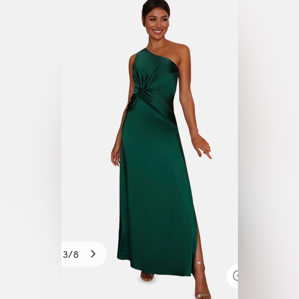 CHI CHI LONDON One Shoulder Satin Finish Maxi Dress Green Womenโs Size USA 12